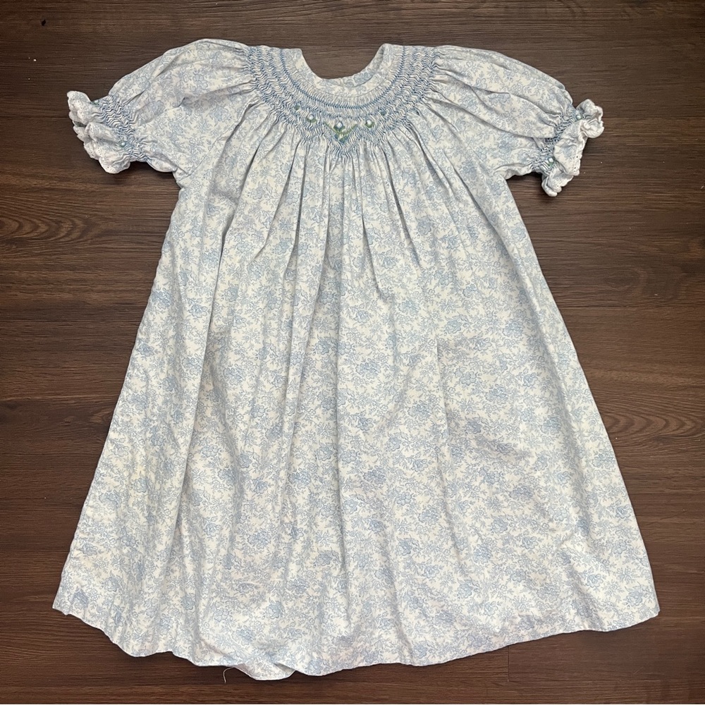 Smocked blue and white toile 2T dress